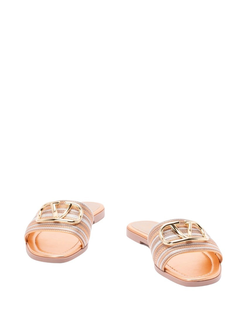 Valentino Slide Metallic Logo Striped Slide Sandals