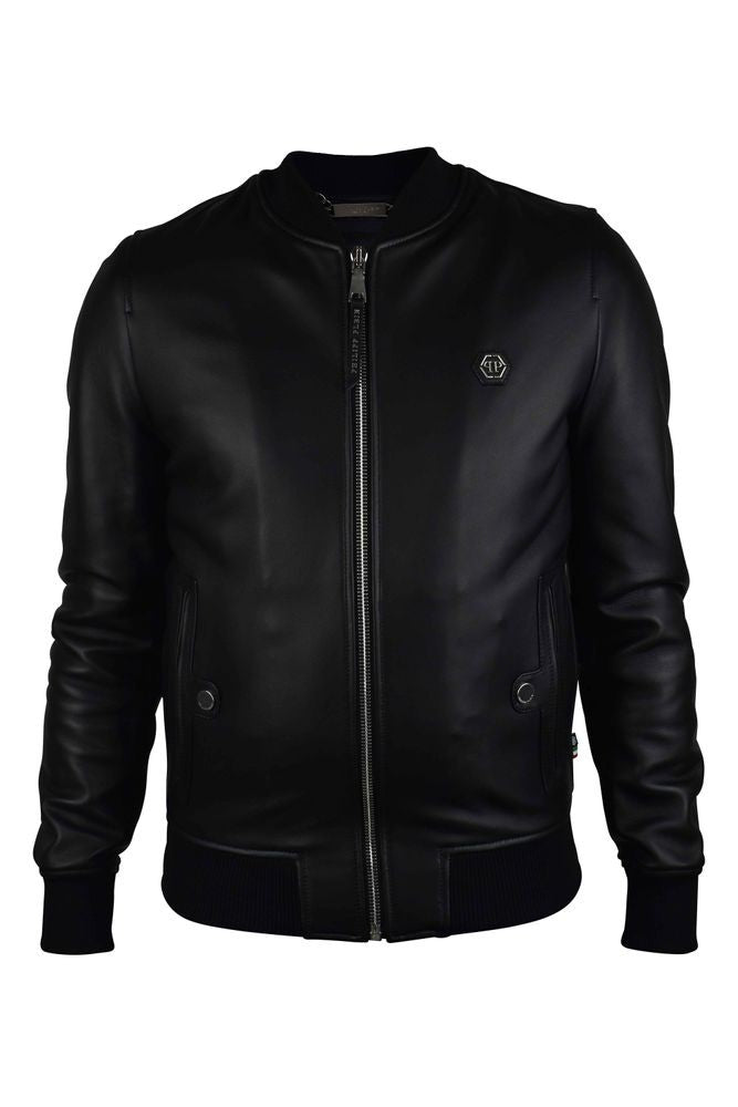 Philipp Plein Black Leather Bomber Jacket With Silver Accents