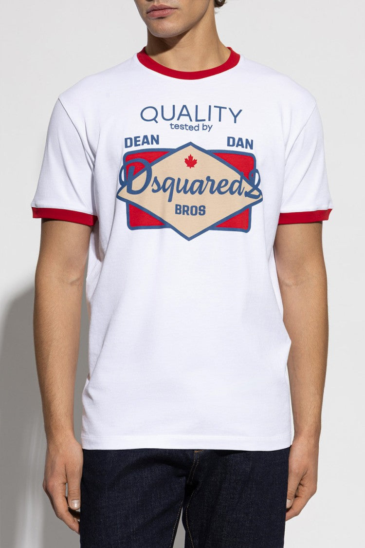 Dsquared2 White Multicolor Diamond Graphic Ringer Trim Cotton T-Shirt