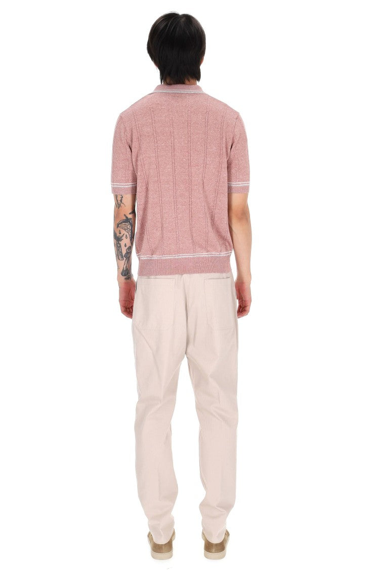 Eleventy Dusty Pink Cable-Knit Linen-Cotton Polo Shirt