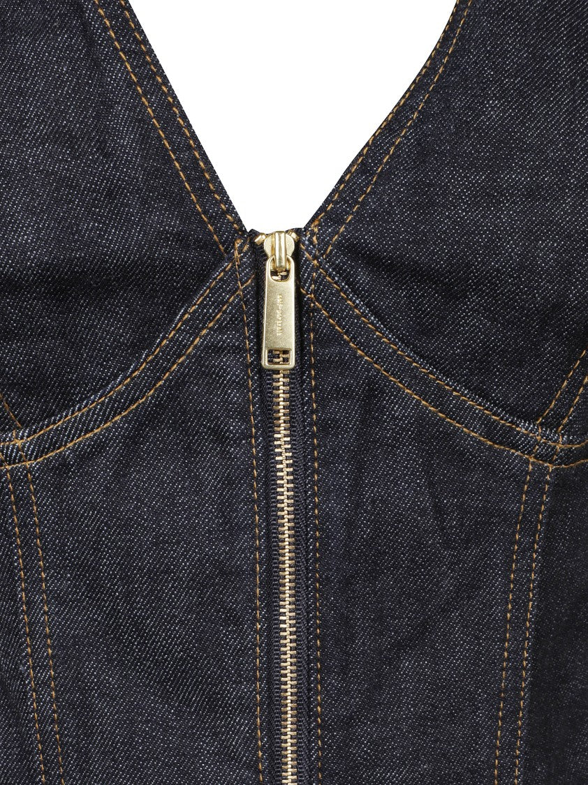 Self-Portrait Mid-Calf Denim Dress With Deep V-Neckline And Flared Skirt