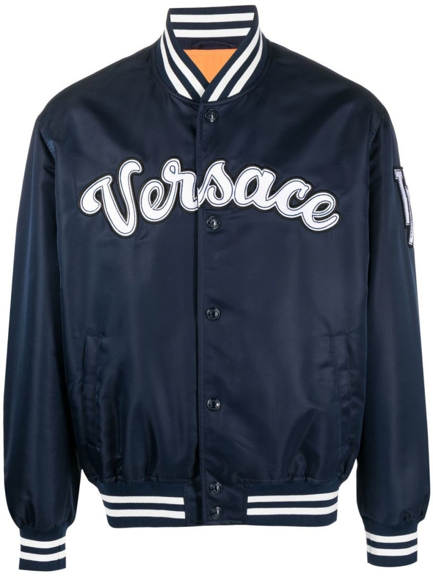 Versace Navy Blue Logo-Patch Bomber Jacket