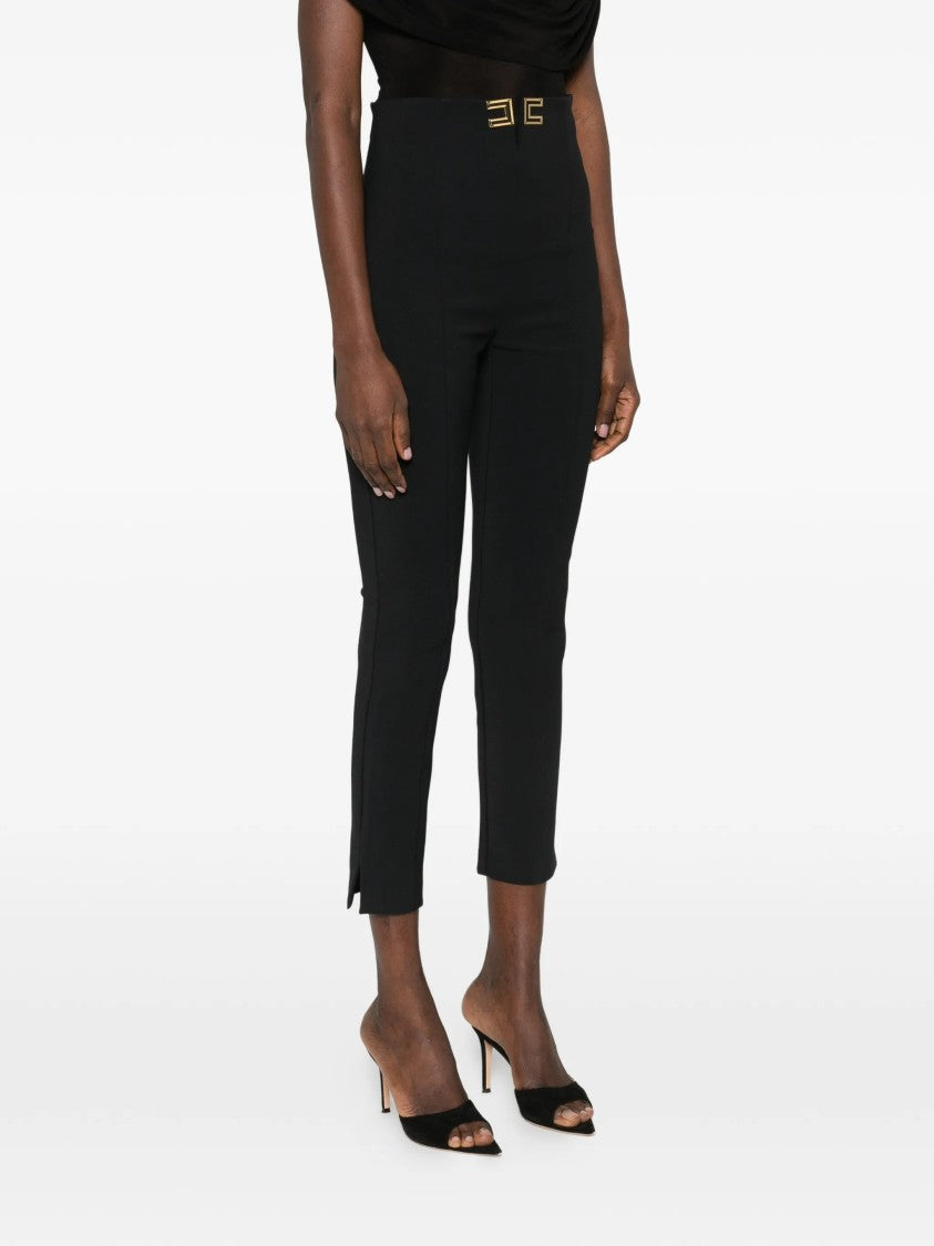 Elisabetta Franchi High-Waisted Cropped Black Double Buckle Pants