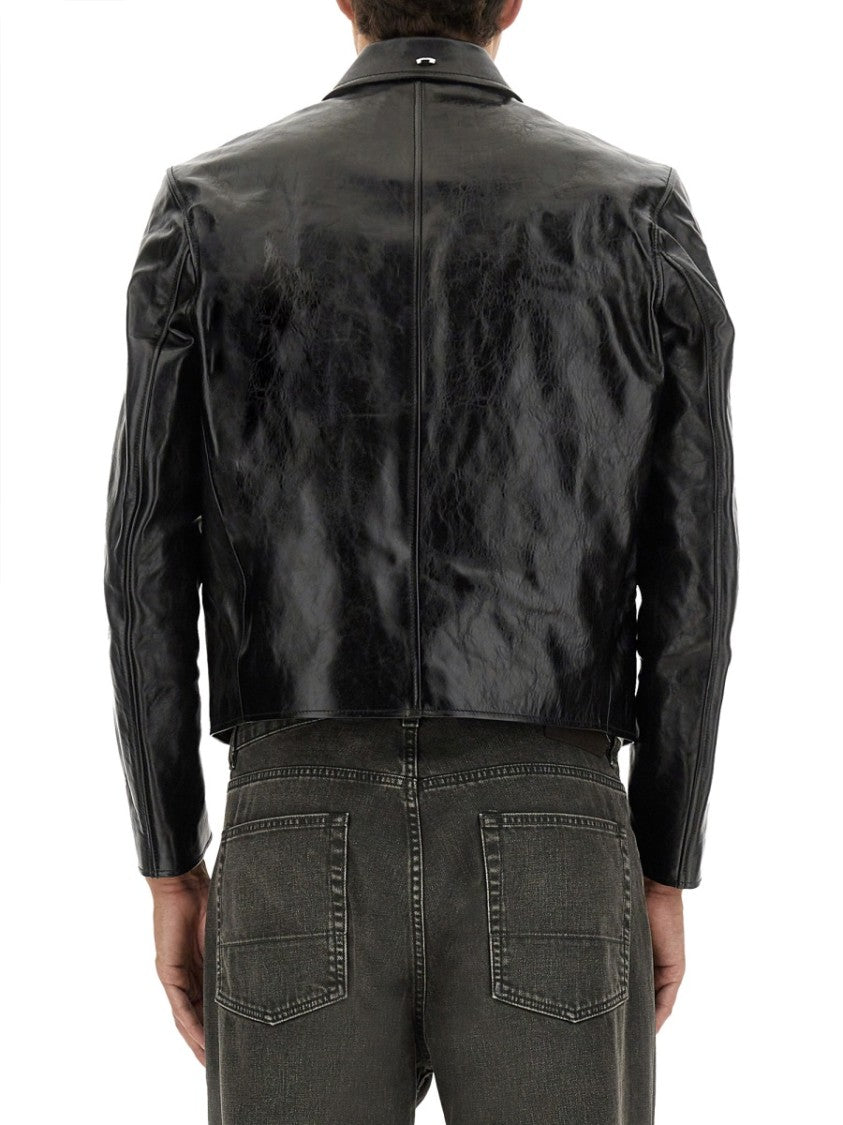 Our Legacy Cropped Black Leather Jacket With Classic Collar