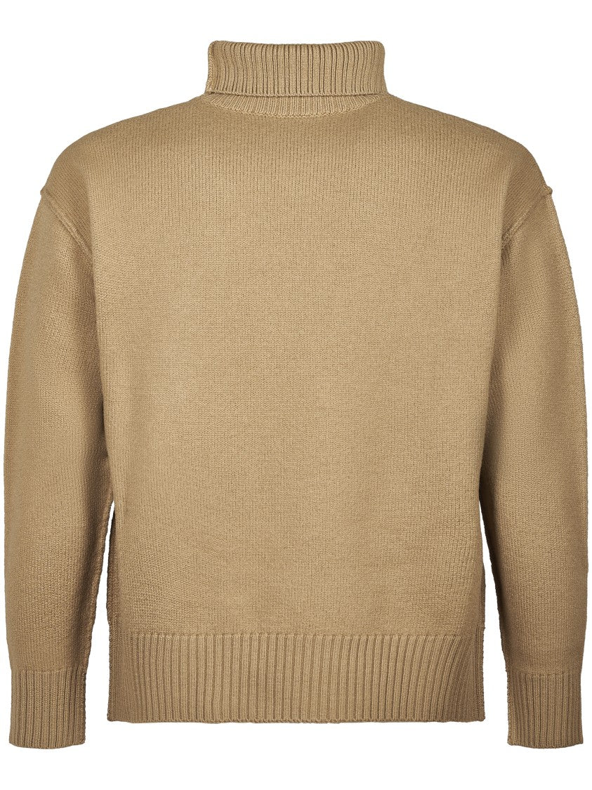 Ami Relaxed High Neck Sweater With Ribbed Detailing And Emblem