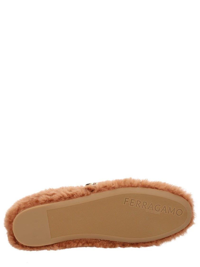 Ferragamo Brown Love Ornament Shearling Flats