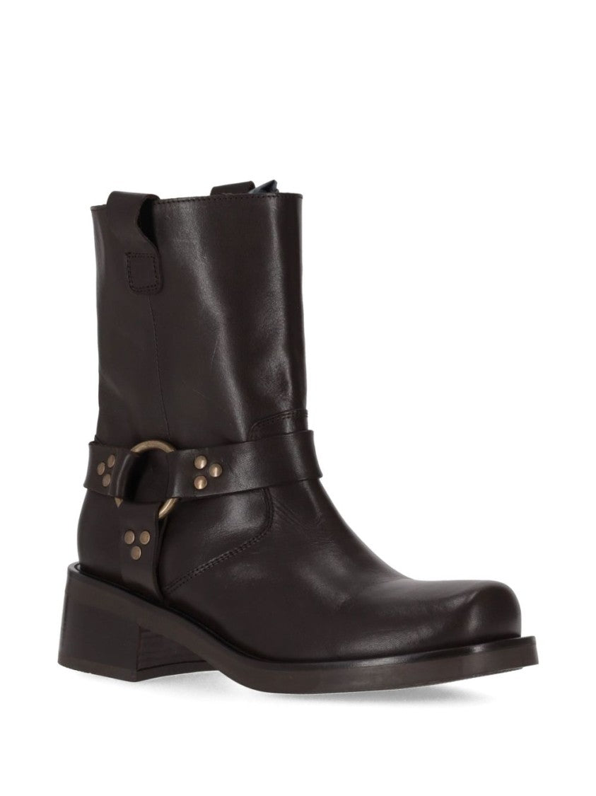 Parosh Mid-Calf Brown Leather Boots With Block Heel And Side Zipper