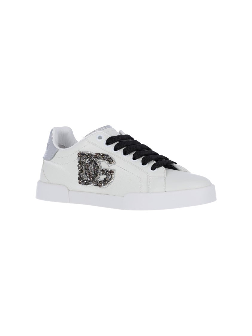 Dolce & Gabbana White Portofino Rhinestone Logo Leather Sneakers