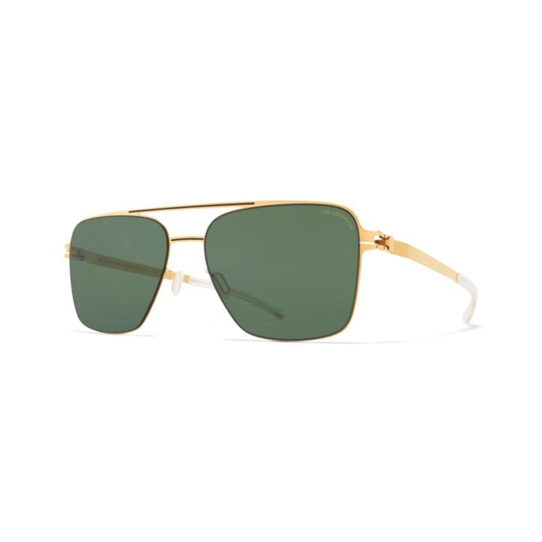 Mykita Rectangular Gold Metal Sunglasses With Deep Green Lenses
