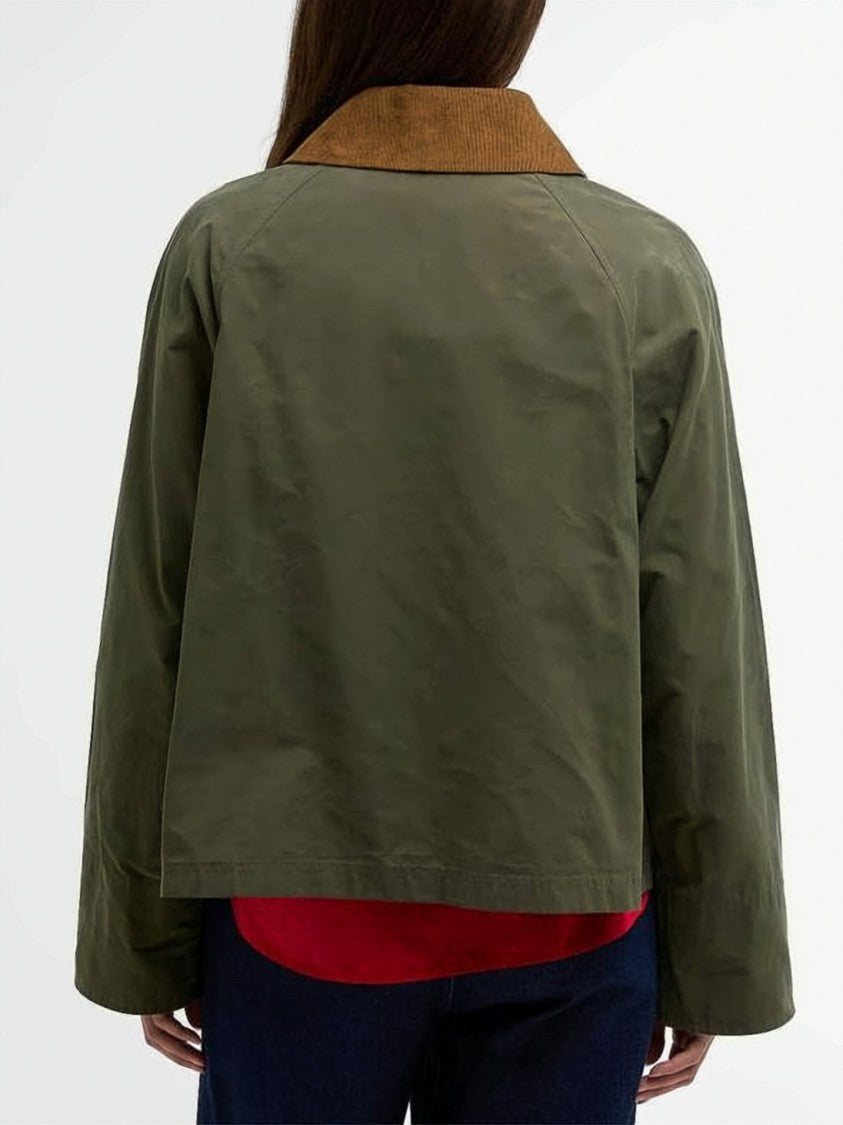 Barbour Boxy Cropped Olive Green Barbour Jacket With Corduroy Collar