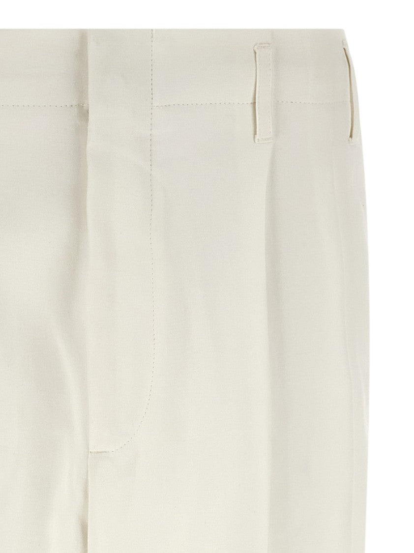 Brunello Cucinelli Tapered White Cotton Trousers With High Waist And Pleated Front
