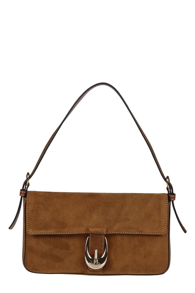Staud Brown Suede Harlow Bag With Adjustable Handle And Flap Closure