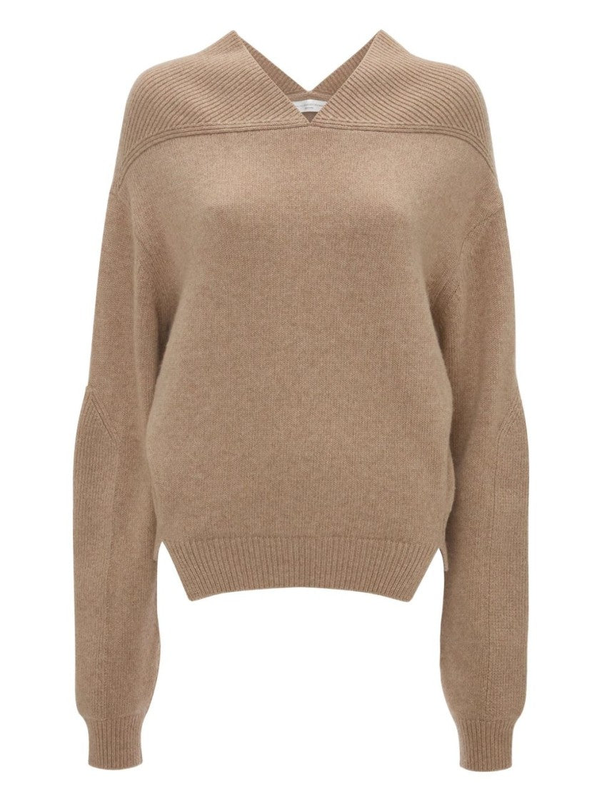 Victoria Beckham V-Neck Cashmere-Wool Blend Sweater With Ballooned Sleeves