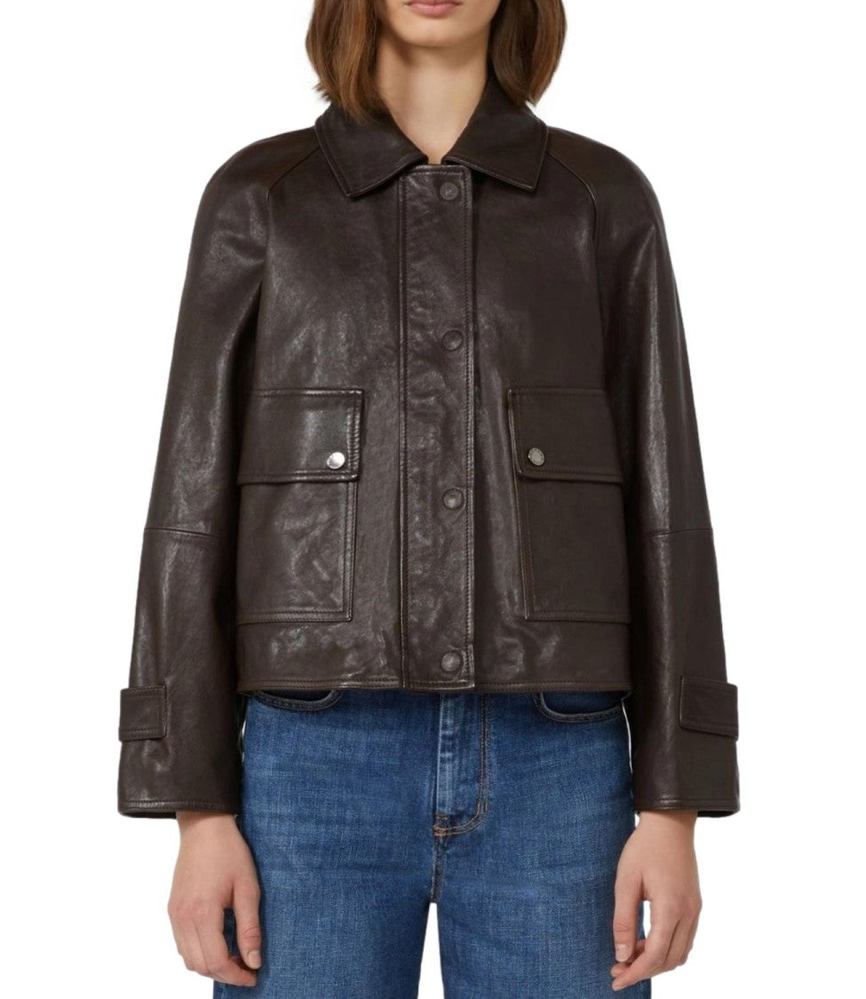Max Mara Dark Brown Leather Jacket With Classic Collar