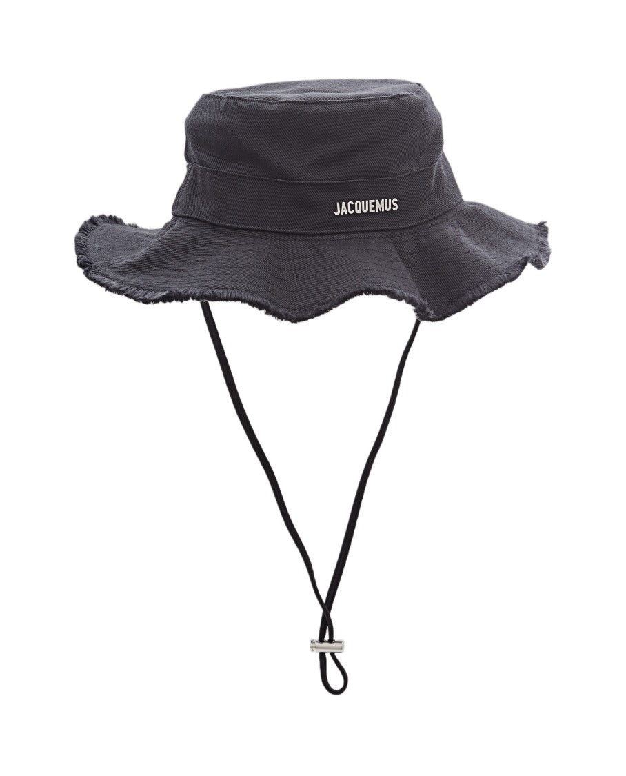 Jacquemus Frayed Edge Black Cotton Bucket Hat With Adjustable Drawstrings