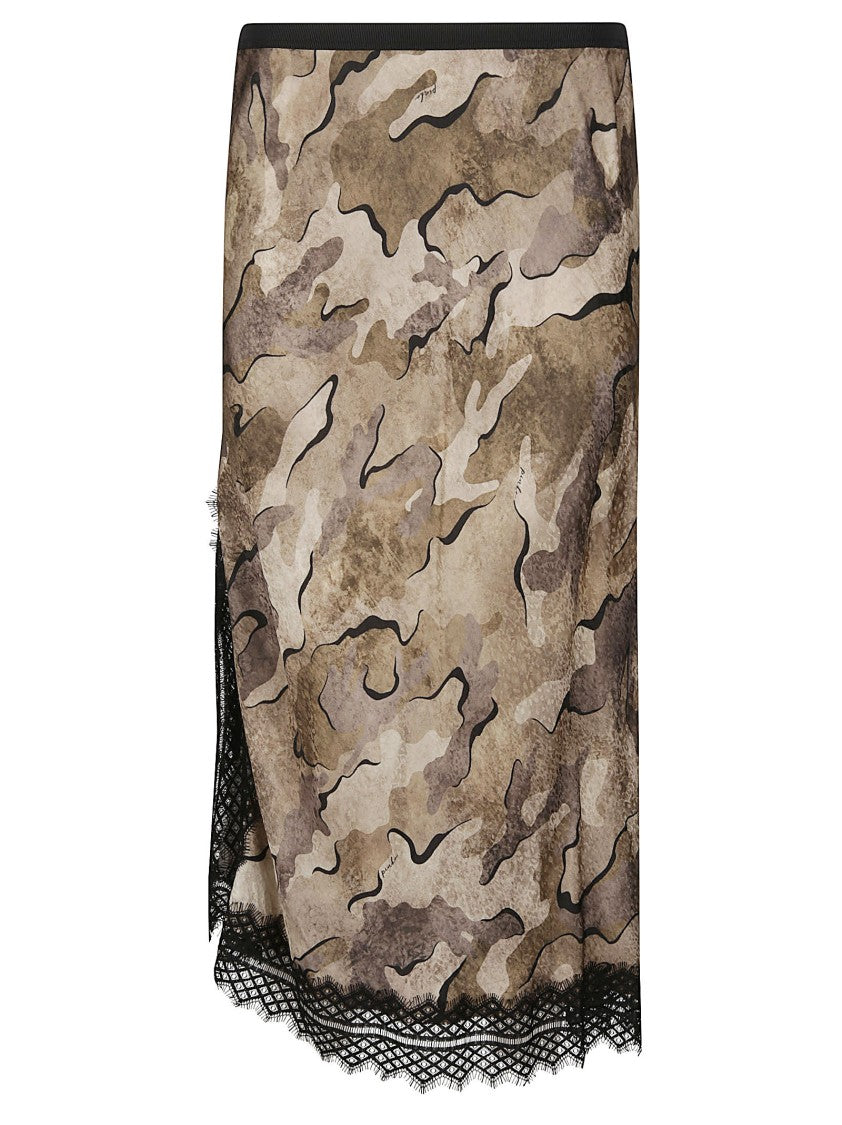 Pinko Ambrato Asymmetrical Camouflage Viscose Midi Skirt