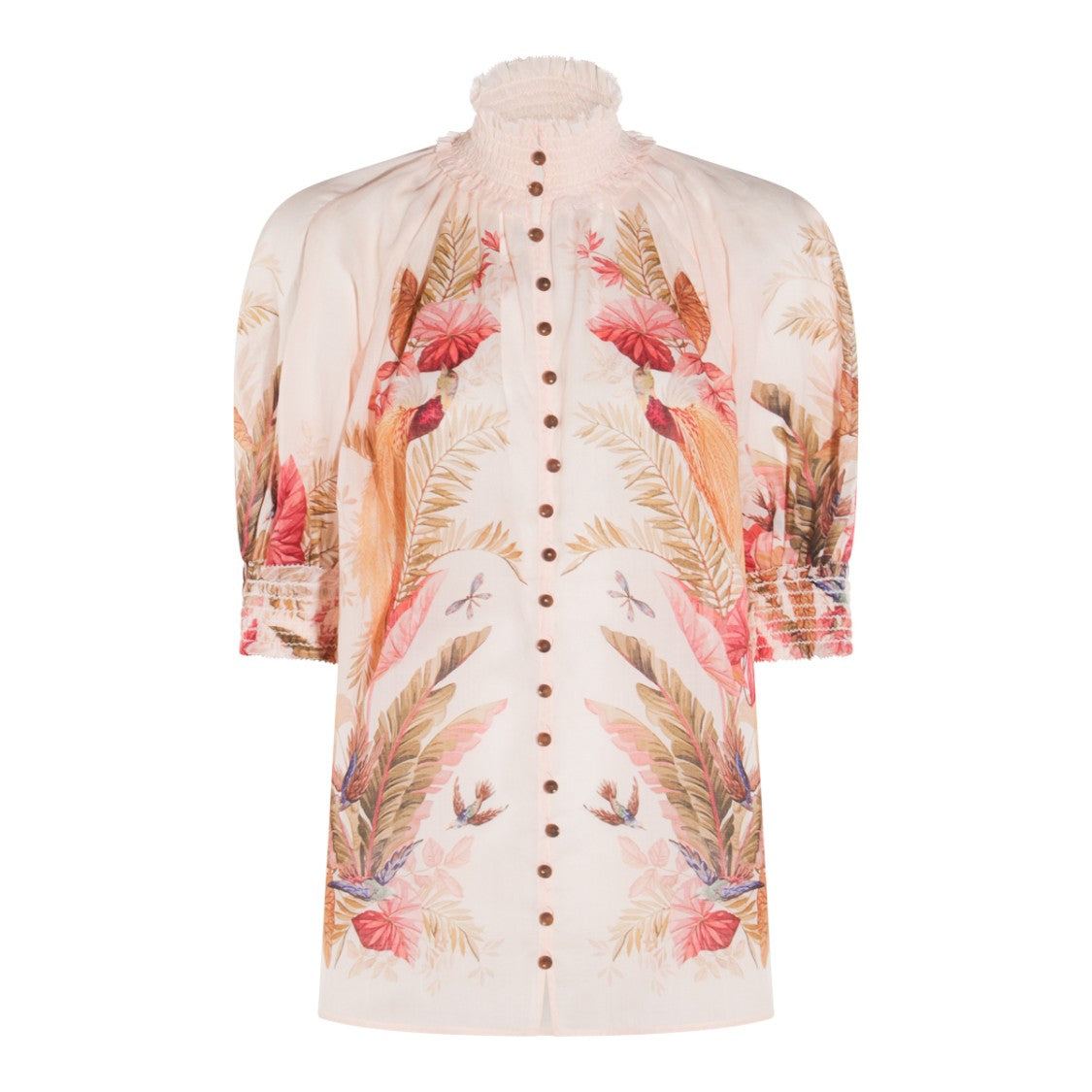 Zimmermann Ruffled High-Collar Cream Top With Floral Accents
