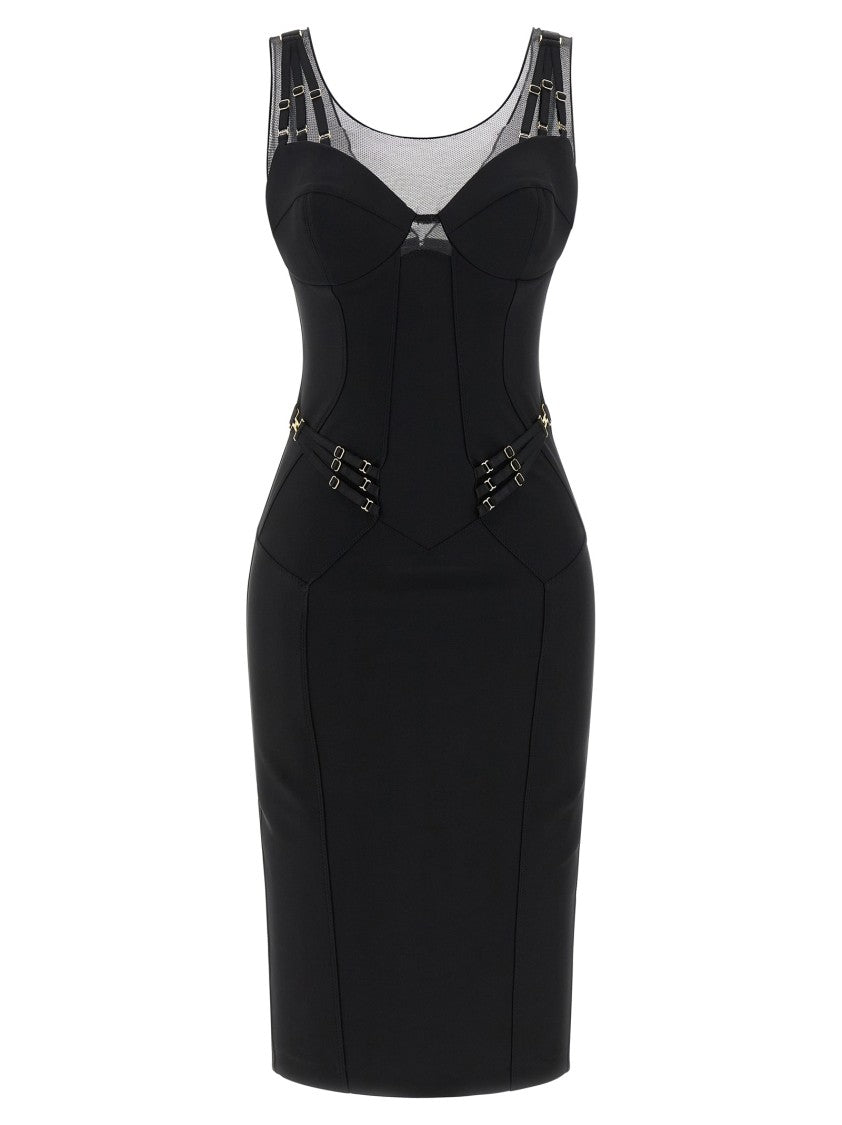 Elisabetta Franchi Corset-Inspired Midi Dress With Tulle Inserts And Adjustable Straps