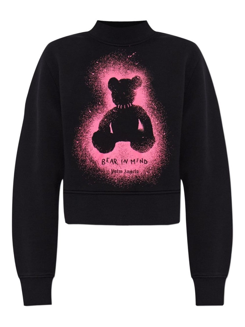 Palm Angels Cropped Black And Fuchsia Graphic Sweatshirt