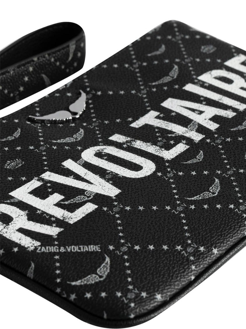 Zadig & Voltaire Rectangular Black Textured Wristlet Clutch With Distressed Logo
