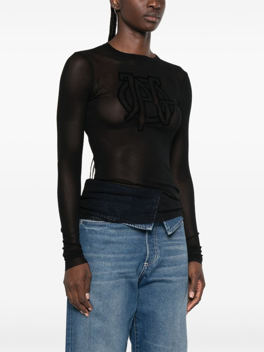 Jean Paul Gaultier Black Sheer Mesh Velvet Logo Long-Sleeved Top