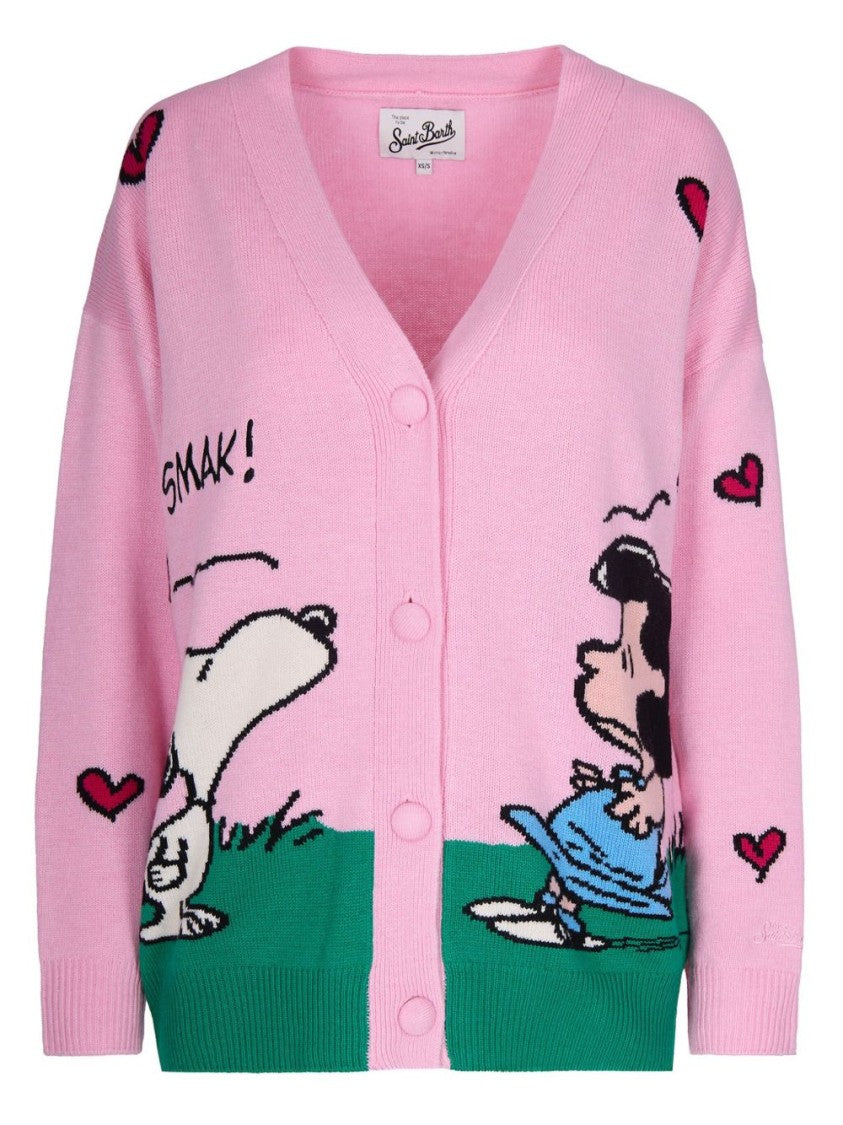 Mc2 Saint Barth Playful Cartoon Design Pink Cardigan With Button-Up Front