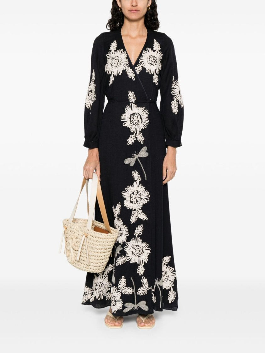 Forte Forte Wrap-Style Black Maxi Dress With Floral Embroidery