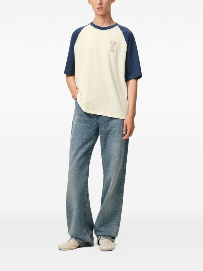 Ami Paris Beige Two-Tone T-Shirt With Navy Raglan Sleeves