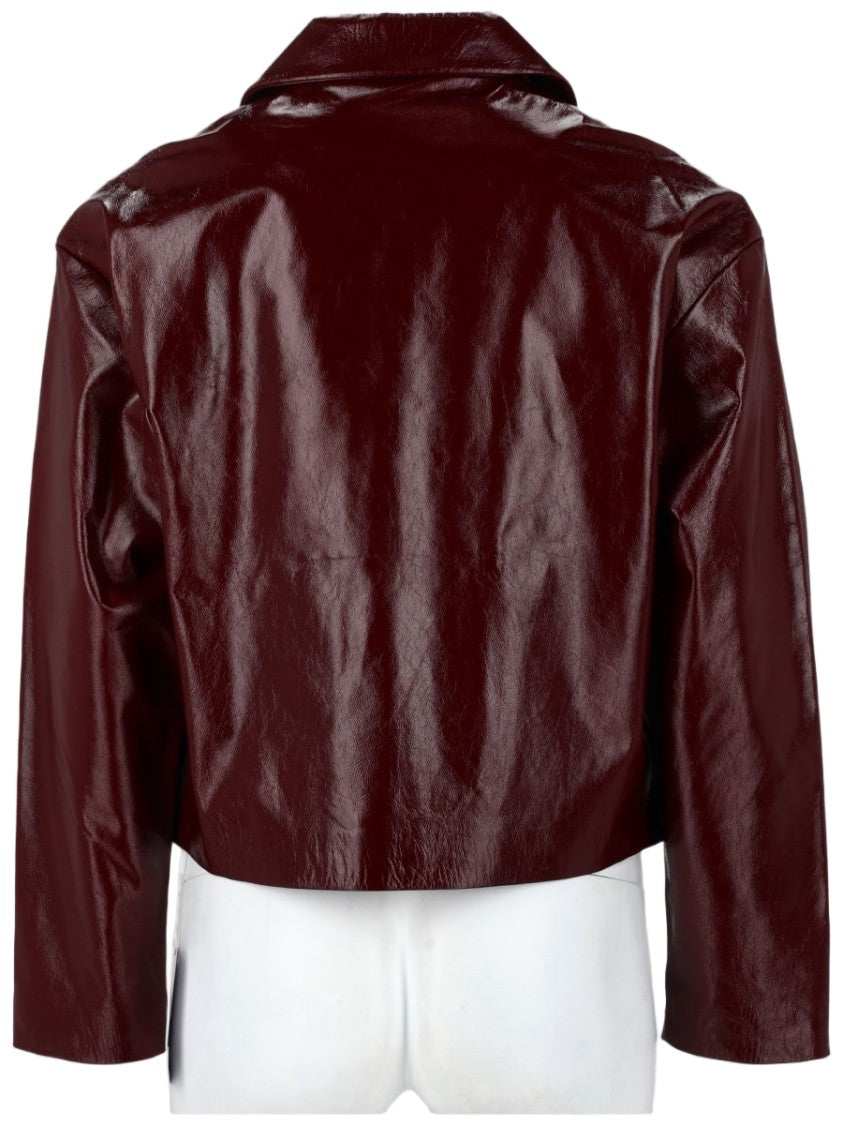 Self-Portrait Burgundy Glossy Covered-Button Leather Jacket