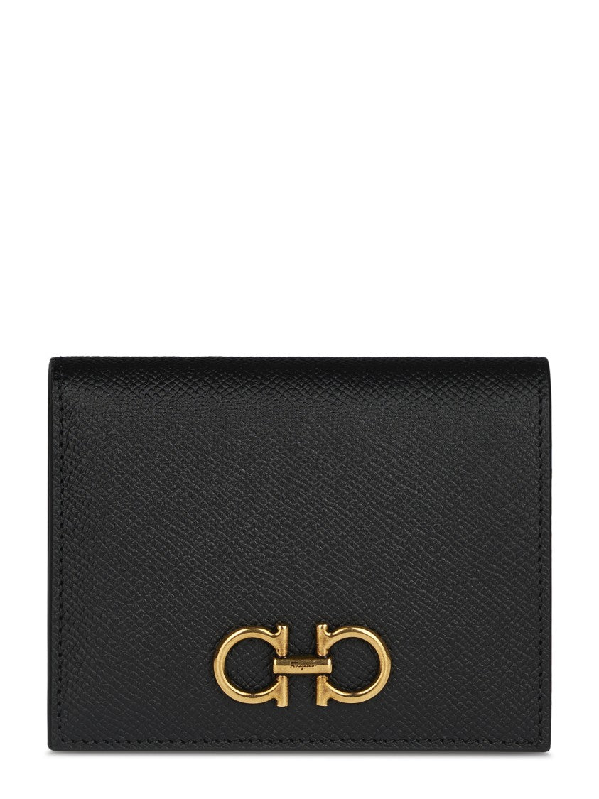 Ferragamo Structured Black Calfskin Wallet With Gold Logo