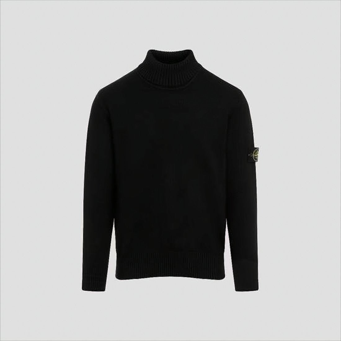 Stone Island Black Turtleneck With Ribbed Collar And Logo Patch