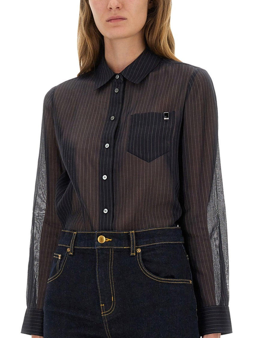 Tory Burch Vertical Stripe Cotton Shirt With Classic Collar And Chest Pocket