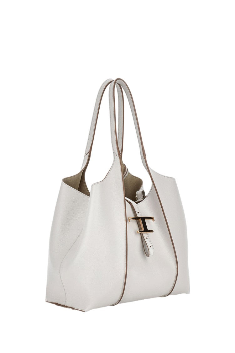 Tod's Structured White Leather Shopping Bag With T Timeless Pendant