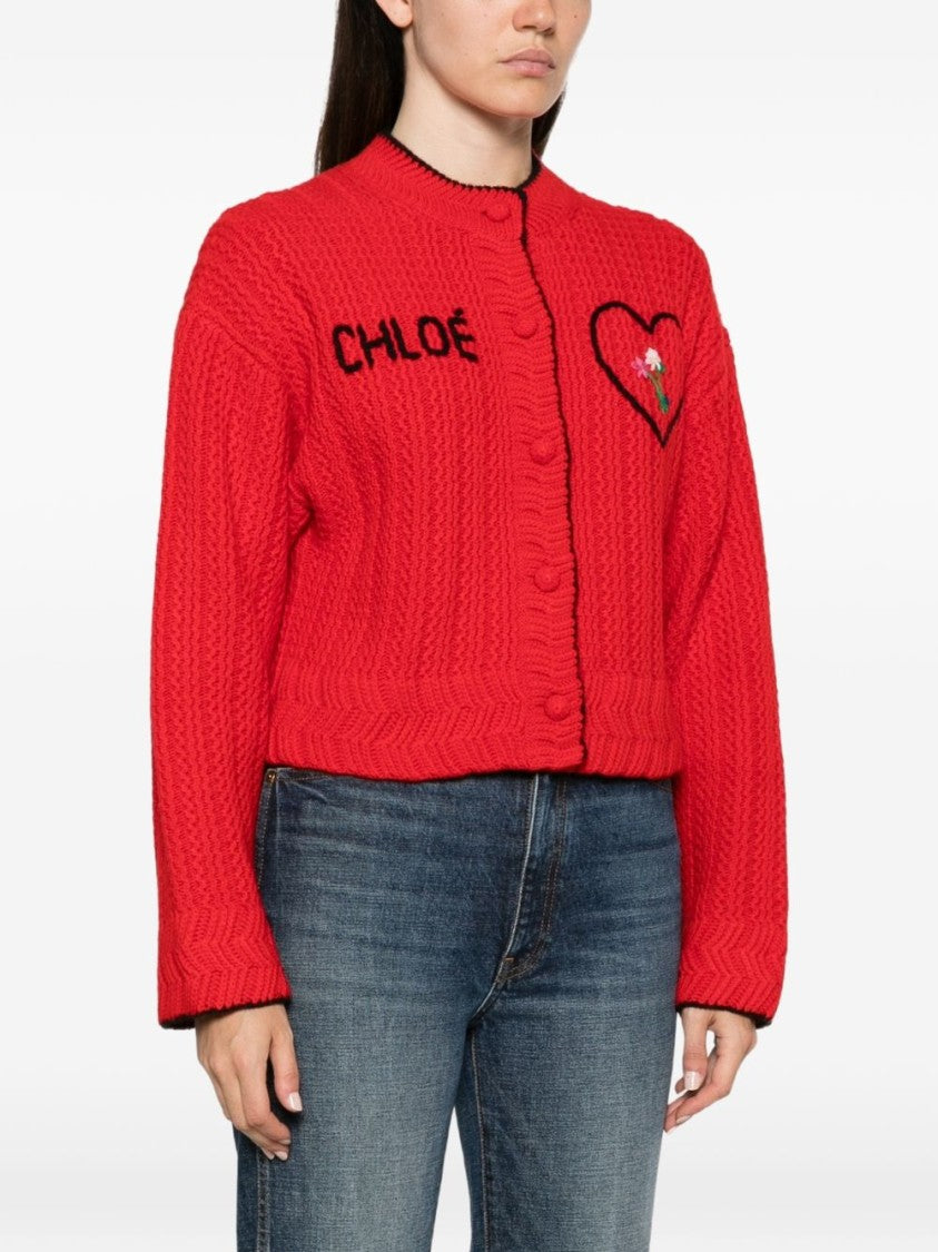 Chloé Cropped Textured Knit Embroidered Cardigan