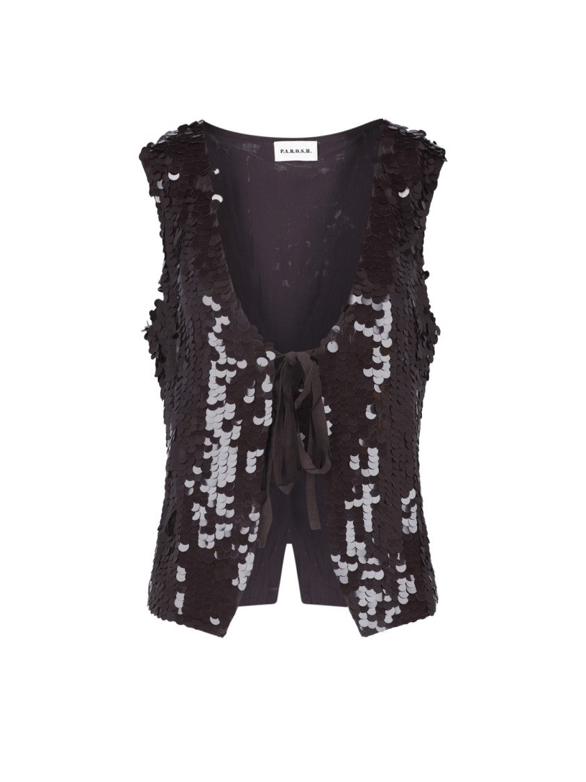 Parosh Sleeveless Sequin-Embellished Brown Top With Deep Scoop Neckline