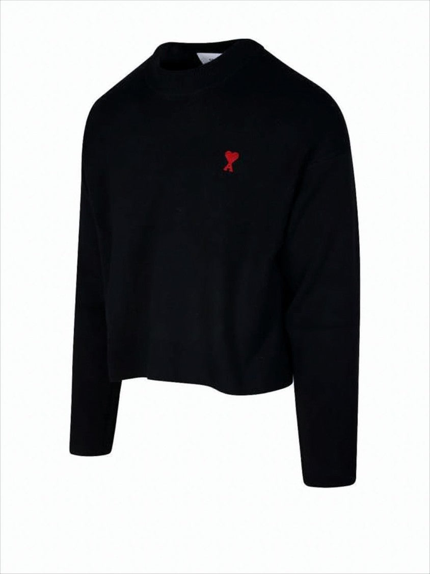 Ami Paris Cropped Black Sweater With Minimalist Design And Iconic Logo
