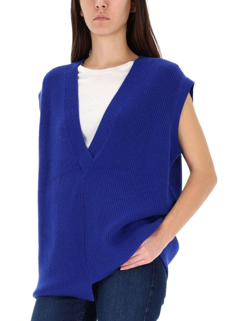 Zona20 Milano Sleeveless Ribbed V-Neck Sweater Vest In Blue Merinos Wool