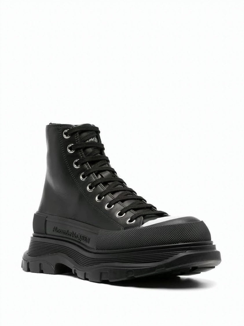 Alexander Mcqueen High-Top Rugged Leather Boots With Metallic Toe Cap