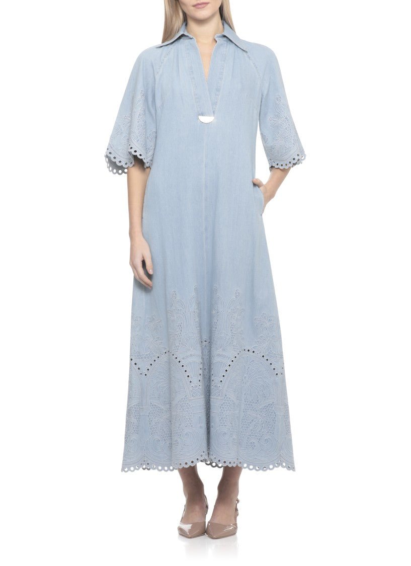 Zimmermann Light Blue Denim Midi Dress With Embroidered Details