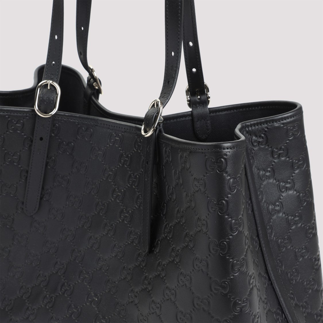 Gucci Black Leather Emblem Gg Tote Bag