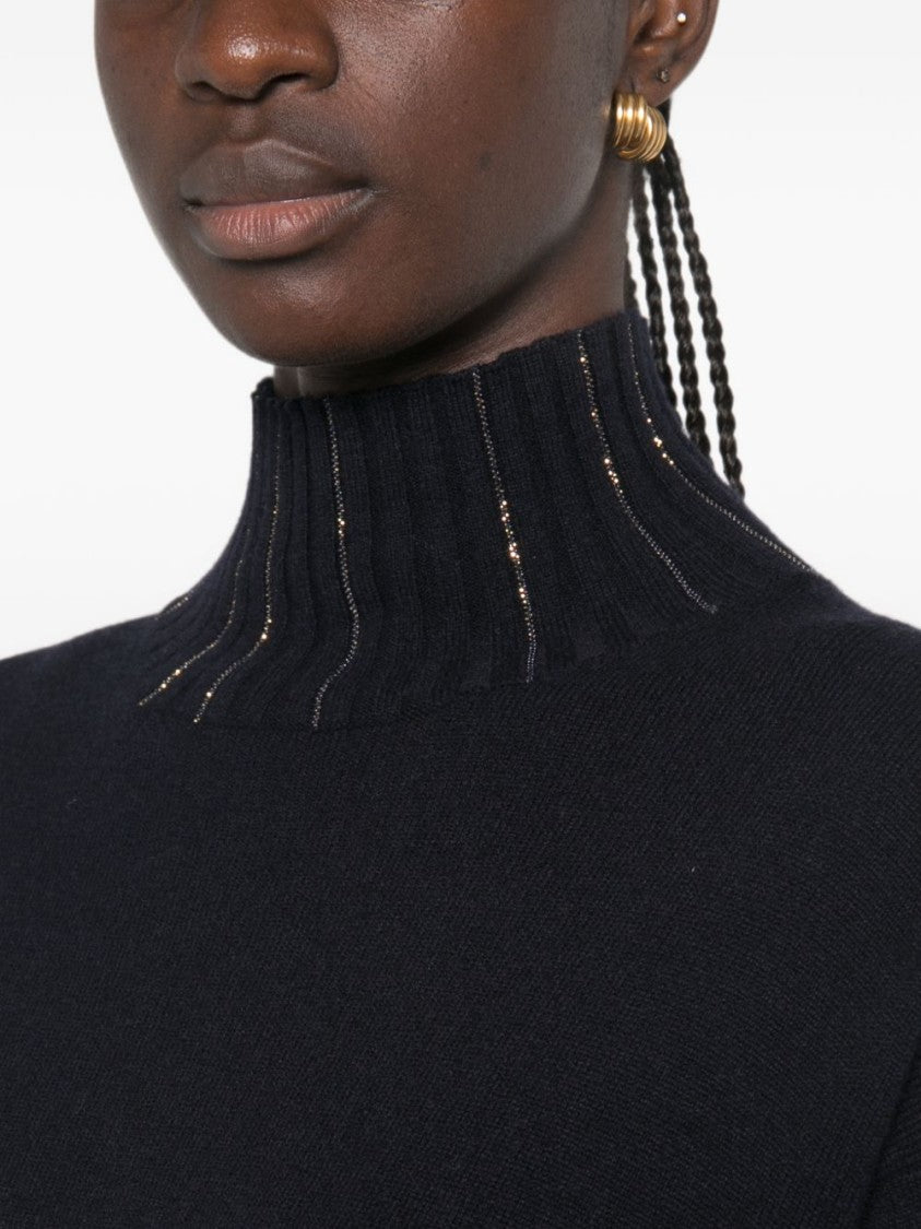Fabiana Filippi Dark Blue Bead-Embellished Knitted Midi Dress