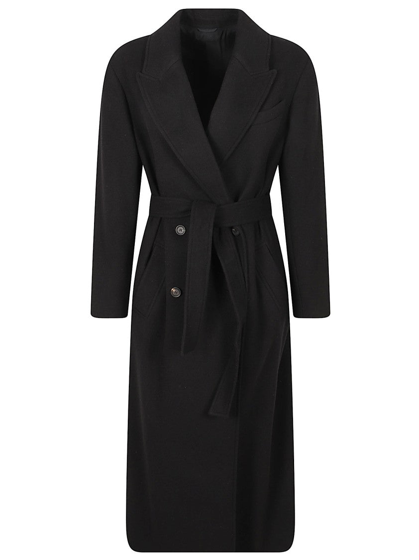 Brunello Cucinelli Timeless Black Wool Long Coat With Tailored Fit And Belted Waist