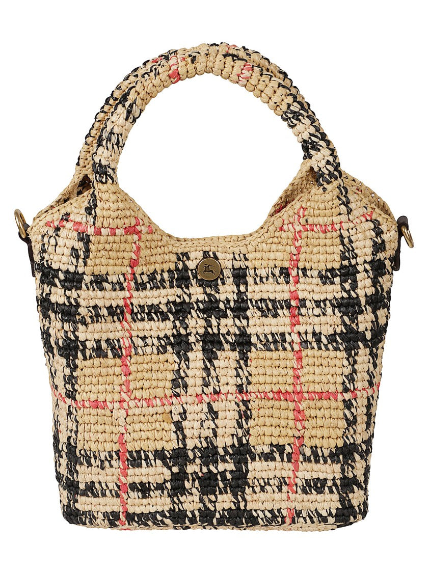 Burberry Woven Raffia Handbag With Classic Plaid Design