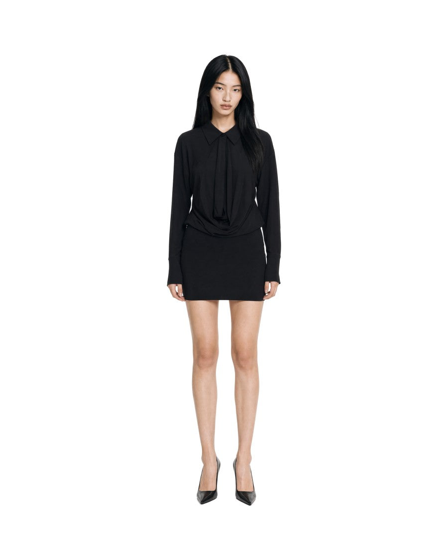 The Andamane Black Draped Gathered Polyester-Blend Mini Dress