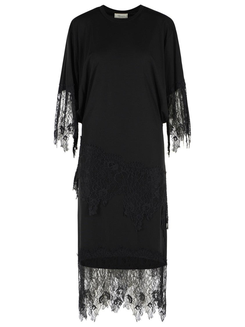 Blumarine Black Viscose Blend Midi Dress With Tonal Lace Accents