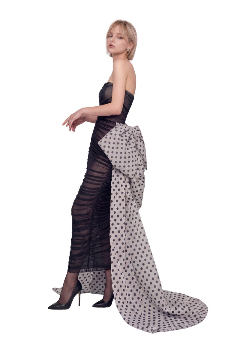 Saiid Kobeisy Strapless Fitted Midi Dress With Dramatic Cascading Train