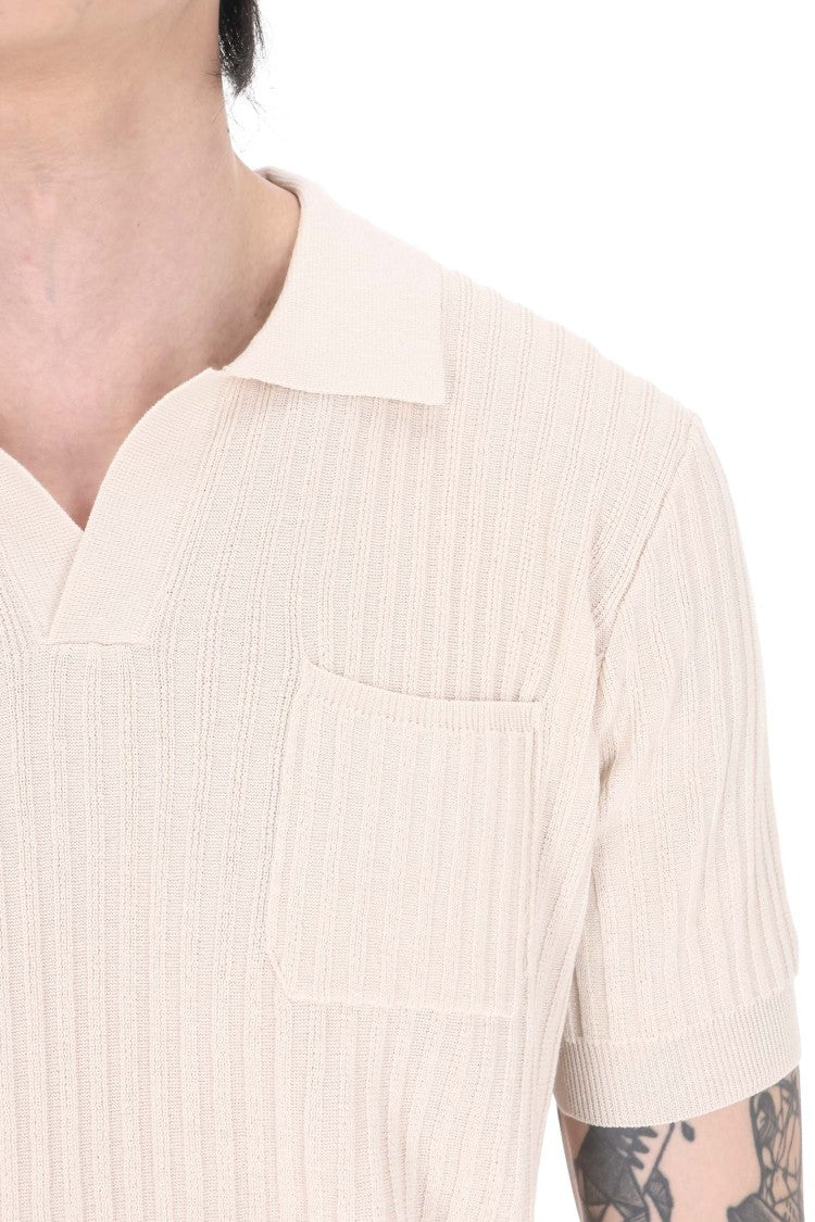 Roberto Collina Ribbed Cotton Open Collar Pocket Polo Shirt