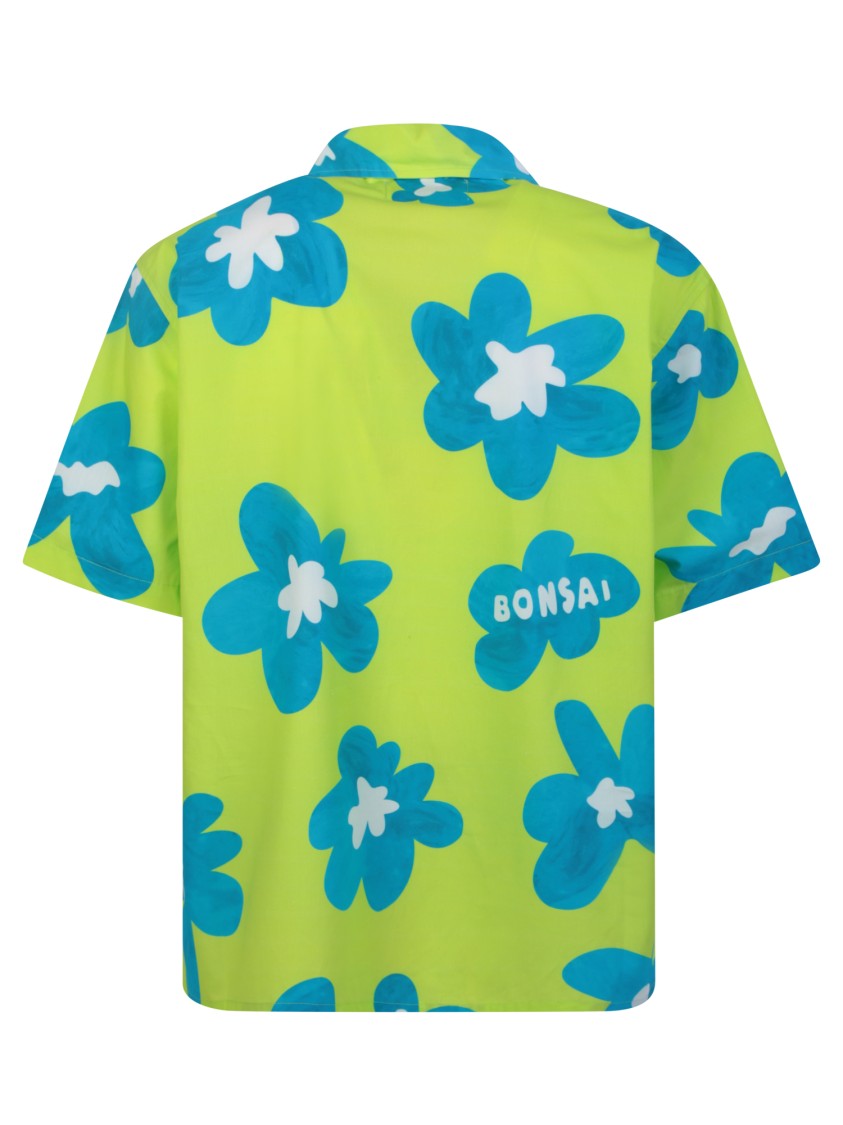 Bonsai Floral Print Lime Green/Blue Bowling Shirt