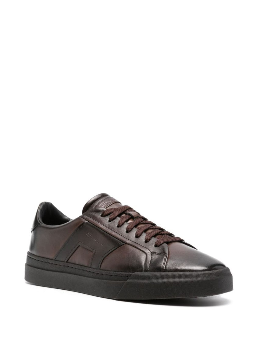 Santoni Brown Calfskin Lace-Up Sneakers With Debossed Branding