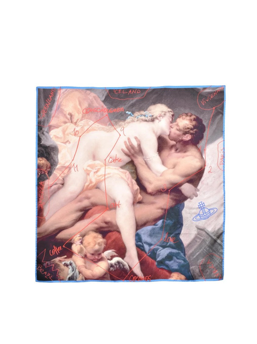 Vivienne Westwood Silk Foulard With Artistic Embrace And Sky Blue Border